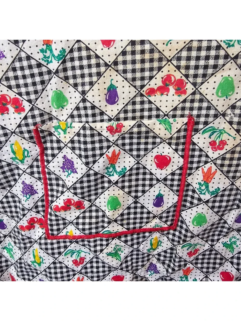 Vintage Gingham Apron Black White Red Trim Fruits Vegetables Floral Pattern
